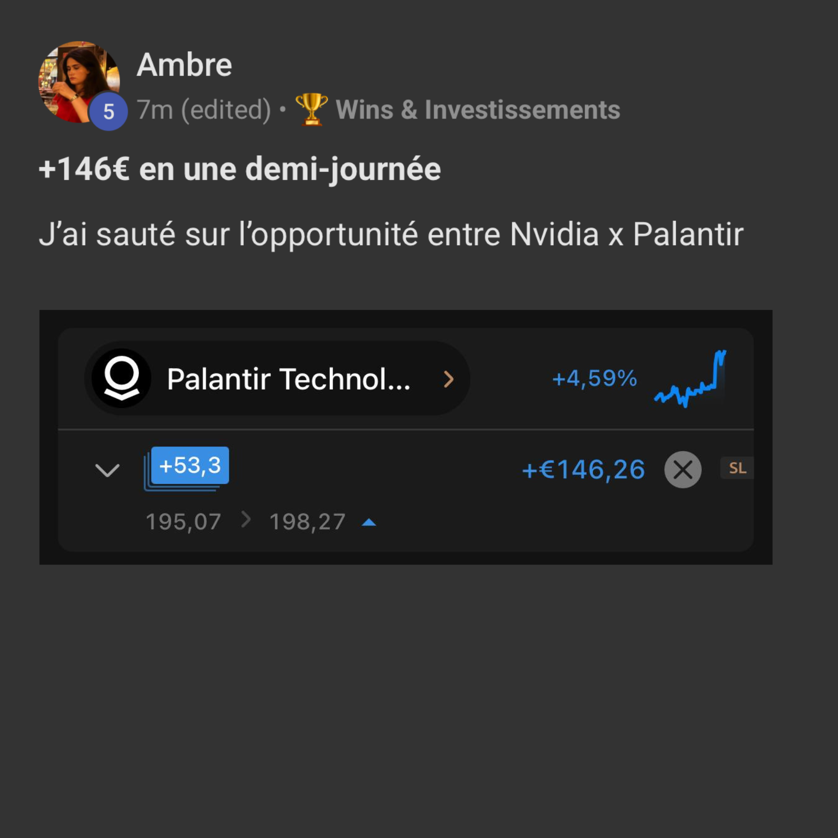 Ambre : +146 € en une demi-journée sur Palantir