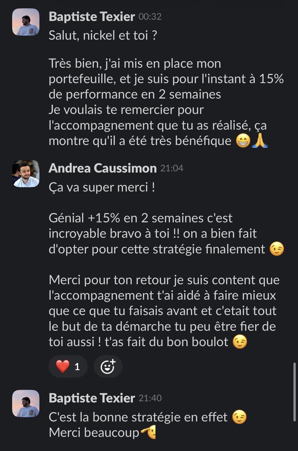 Baptiste : +15 % en 2 semaines et remerciements pour l'accompagnement