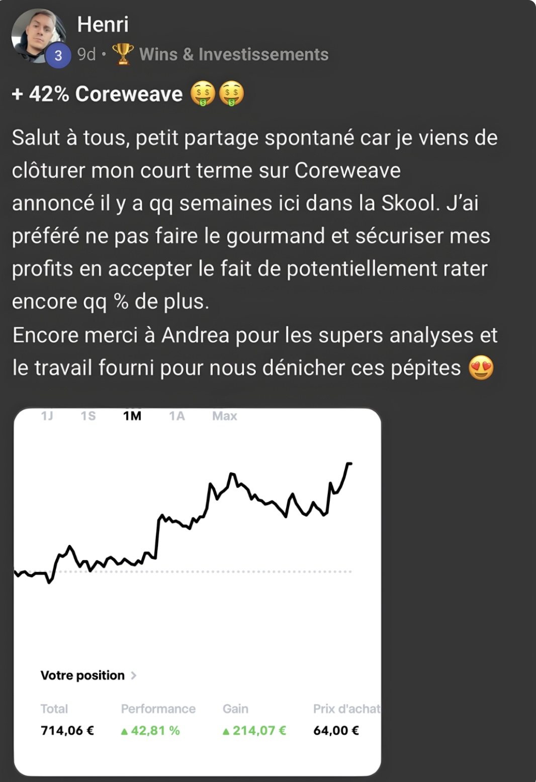 Henri : +42,81 % sur CoreWeave, court terme clôturé avec 214 € de gain